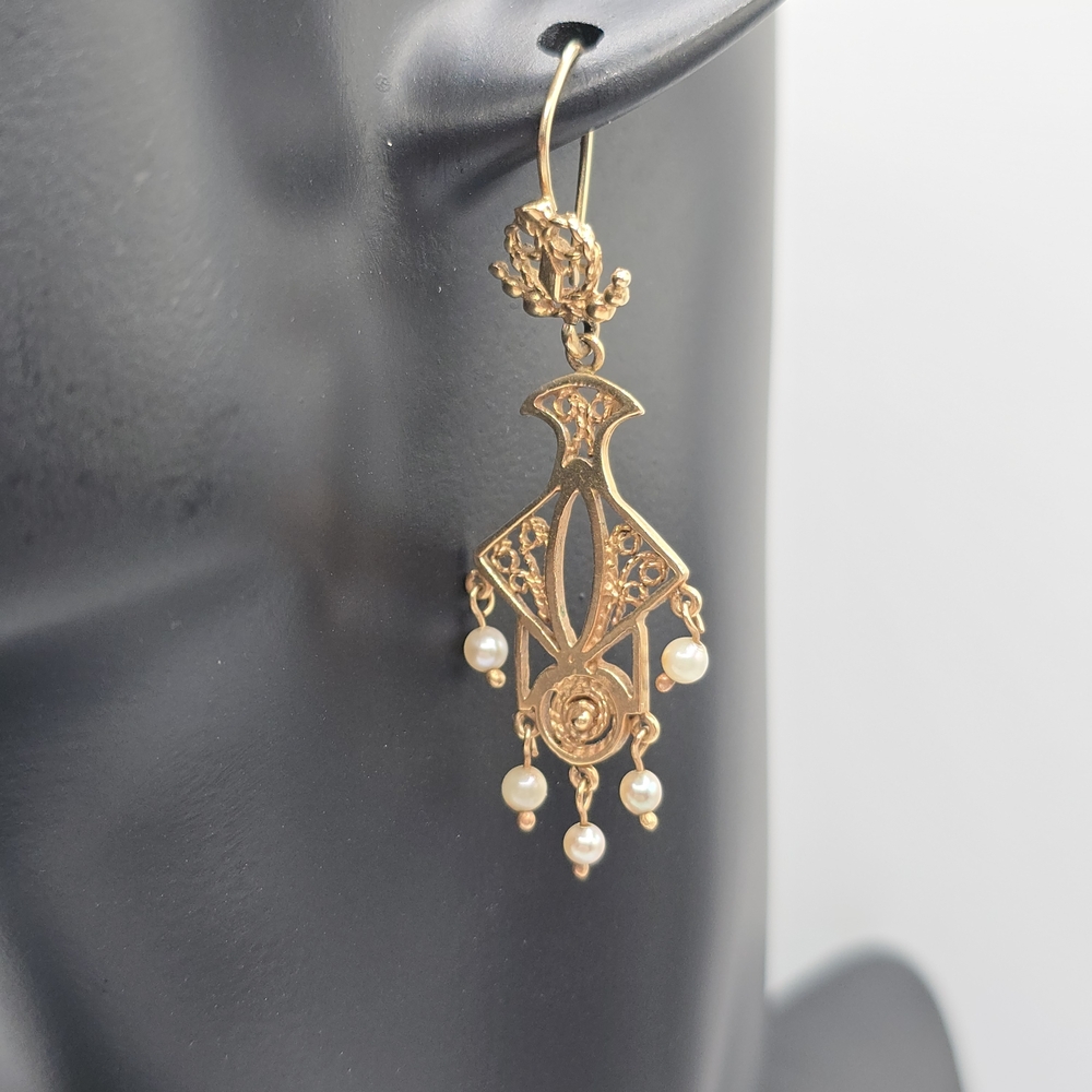 VTG 14K Yellow Gold Seed Pearl Drop Dangle Earrings LO Art Nouveau Revival MCM - Picture 2 of 14